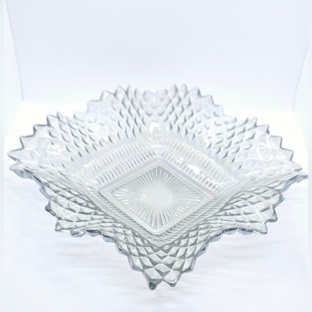 Vintage Diamond Point Pressed Glass Ruffled Square Candy Dish 7 Inch